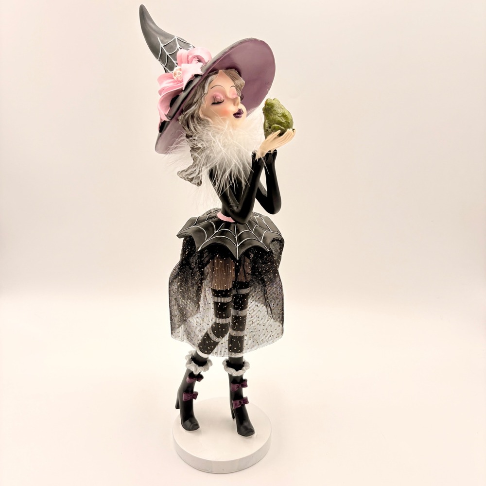 Halloween Witch Figurine with Frog Pink Black Decor